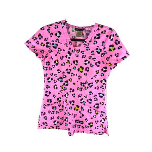 Heart Soul Women's Scrub Top Size X Small Pink Black White Leopard Print